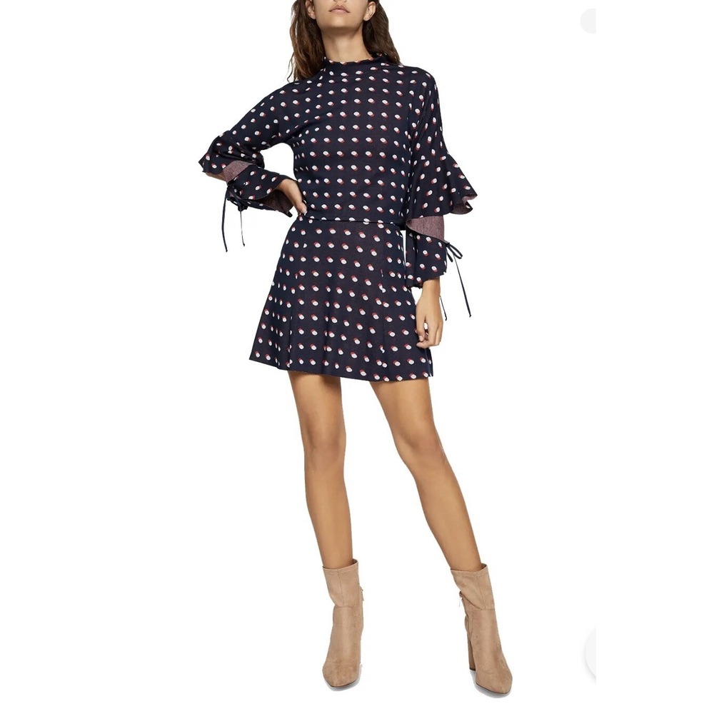BCBGeneration Navy Polka Dot Flounce Sleeve Mock Neck Mini‎ Dress Size S